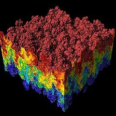 Visualizzazione tridimensionale di una simulazione estremamente grande di un problema di Instabilità di Rayleigh-Taylor prodotta con il Metodo Monte Carlo