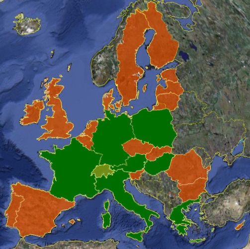 Diffusione degli OGM in Europa e situazione normativa. In verde più scuro: bando, verde chiaro: moratoria, arancione: nessuna proibizione.