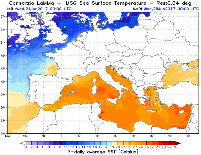 Temperature rilevate dei mari sul bacino del Mediterraneo: valori diffusamente oltre le medie decennali