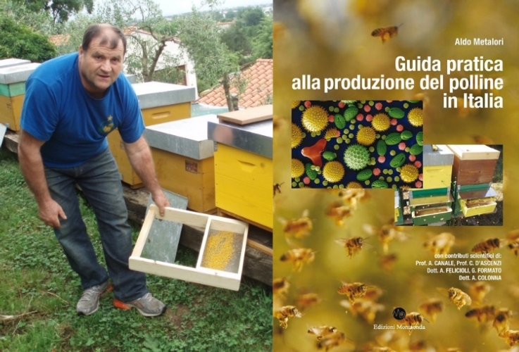 Aldo Metalori in apiario e a fianco la copertina del suo libro