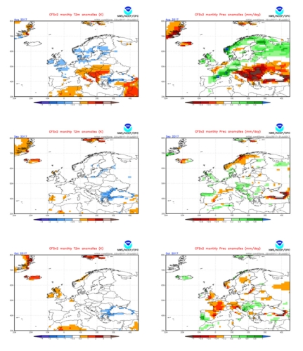 Anomalie termiche (a sinistra) e precipitative (a destra) per il periodo agosto, settembre e ottobre 2017