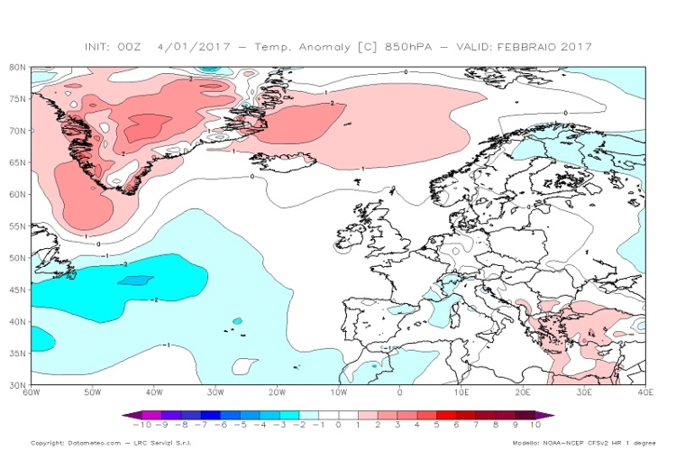 Carta delle anomalie termiche a 1500 metri di quota prevista dal modello climatologico CFS V2 con elaborazione Datameteo per febbraio