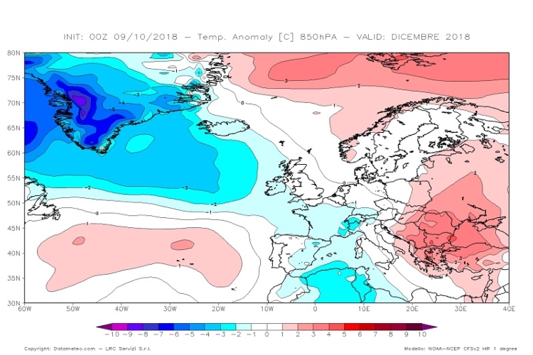Carta delle anomalie termiche a 850hPa (1500 m) previsto dal modello climatologico CFS V2 con elaborazione Datameteo per il mese di dicembre