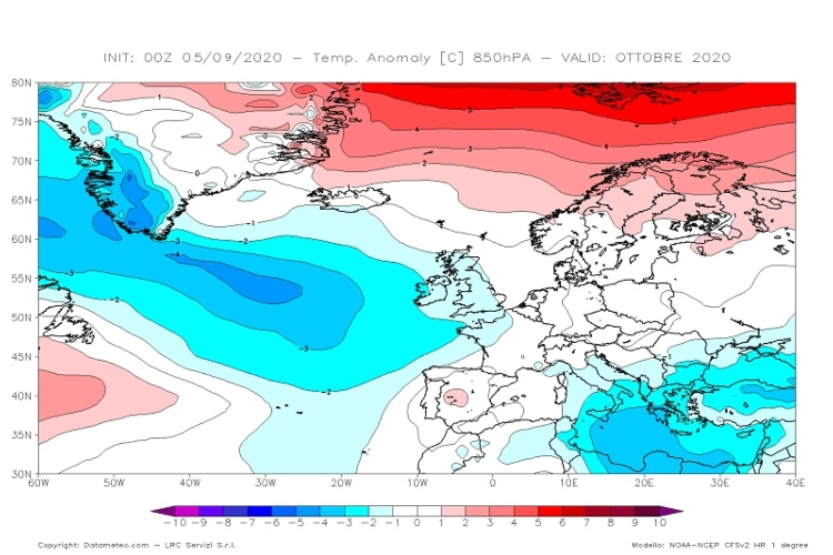 Carta delle anomalie termiche a 850hPa (1500 m) previsto dal modello climatologico CFS V2 con elaborazione Datameteo per il mese di ottobre 2020