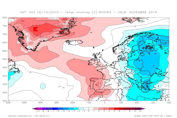 Carta delle anomalie termiche a 850hPa (1500 m) previsto dal modello climatologico CFS V2 con elaborazione Datameteo per il mese di novembre 2019