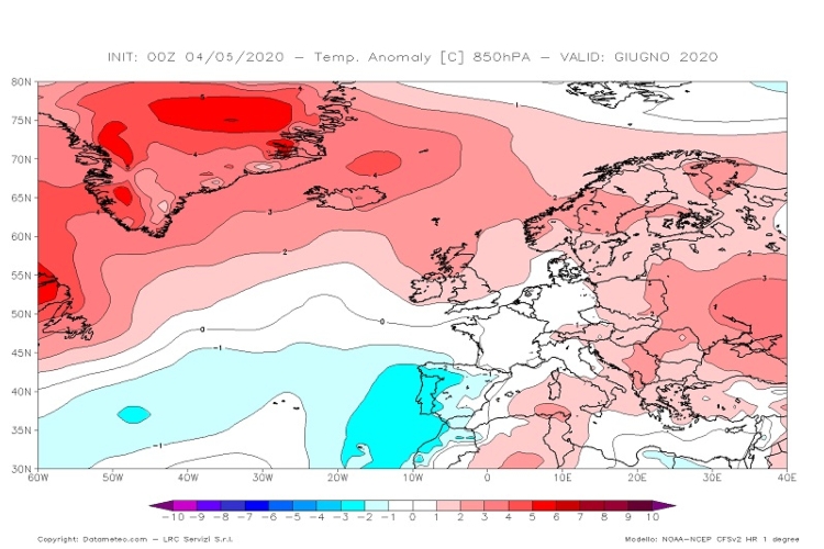 Carta delle anomalie termiche a 850hPa (1500 m) previsto dal modello climatologico CFS V2 con elaborazione Datameteo per il mese di giugno 2020
