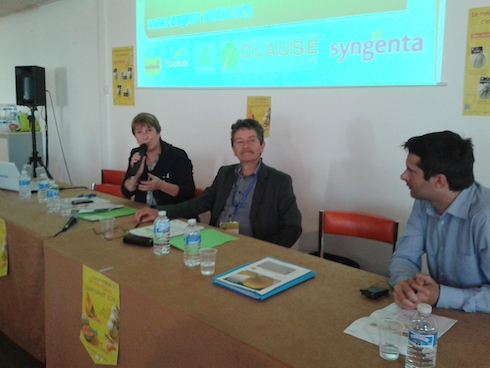 Da sinistra: Françoise Bigotte, rappresentante della Regione Languedoc Roussillon, Bernard Borredon, co-presidente di Aim (Melon Joint Trade Association), e Tomas Bosi del Cso