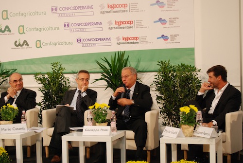 Un momento dell'incontro: da sinistra Maurizio Gardini (Confcooperative), il ministro Catania, Giuseppe Politi (Cia) e Mario Guidi (Confagricoltura)