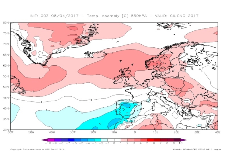 Carta delle anomalie termiche previste dal modello climatologico CFS V2 con elaborazione Datameteo per il mese di giugno 2017