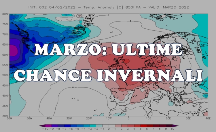 Carta delle anomalie termiche a 850 hPa (1.500 metri) previste dal modello climatologico CFS V2 con elaborazione Datameteo per il mese di marzo 2022