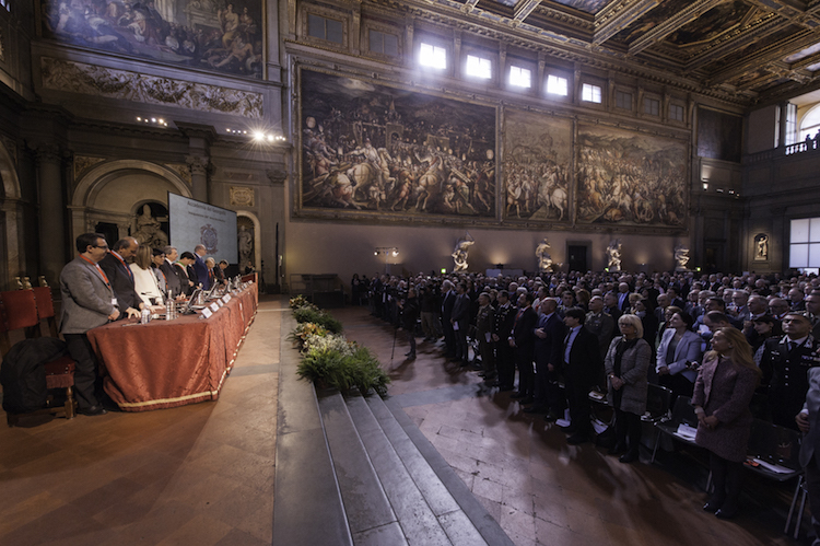 Un momento della cerimonia di inaugurazione dello scorso 20 aprile nel Salone dei Cinquecento a Palazzo Vecchio, Firenze