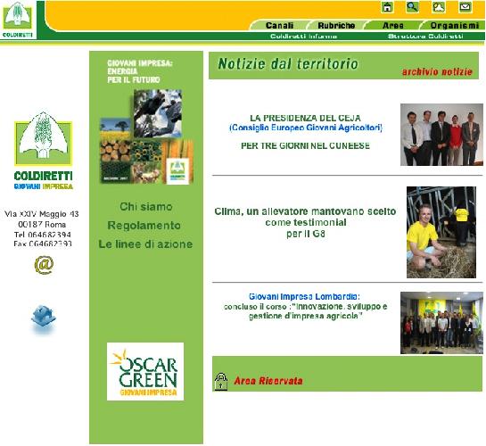 La home page della sezione del sito Coldiretti.it dedicata a Giovani Impresa