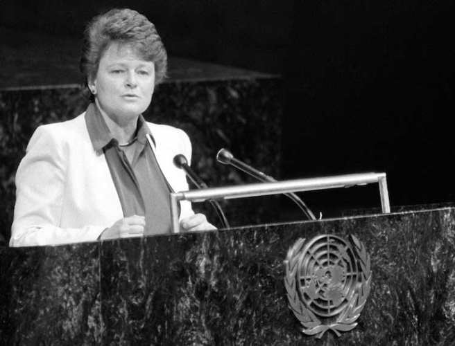 Gro Harlem Brundtland, primo ministro di Norvegia, durante lo storico discorso del 19 ottobre 1987 all'assemblea generale delle Nazioni Unite per l'ambiente e lo sviluppo. Il cosiddetto Rapporto Brundtland è stato il primo studio scientifico sul concetto di 'sviluppo sostenibile'