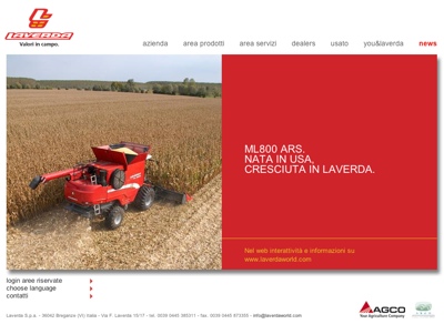 L'home page del nuovo sito di Laverda, leader nella produzione e commercializzazione di mietitrebbie