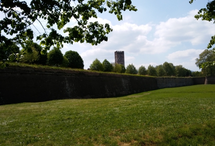Le mura di Lucca con sullo sfondo il campanile di San Frediano