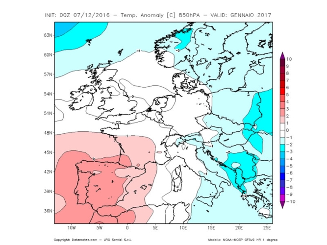 Carta delle anomalie termiche a 850hPa (1500 m) previsto dal modello climatologico CFS V2 con elaborazione Datameteo per il mese di gennaio