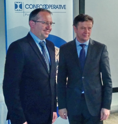 Da sinista: Vincenzo Patruno, presidente di Confcooperative Puglia, e Giorgio Mercuri, presidente nazionale di Fedagri