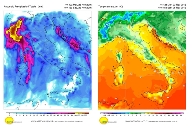 Precipitazioni (a sinistra) e temperature (a destra) previste per il prossimo weekend. Elaborazione MeteoGiuliacci
