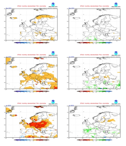 Anomalie termiche (a destra) e precipitative (a sinistra) per il trimestre maggio, giugno e luglio 2019