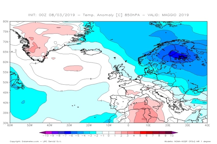 Carta delle anomalie termiche a 850hPa (1500 m) previste dal modello climatologico CFS V2 per il mese di maggio 2019