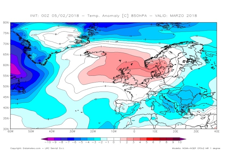 Carta delle anomalie termiche previsto dal modello climatologico Cfs V2 con elaborazione Datameteo per il mese di marzo