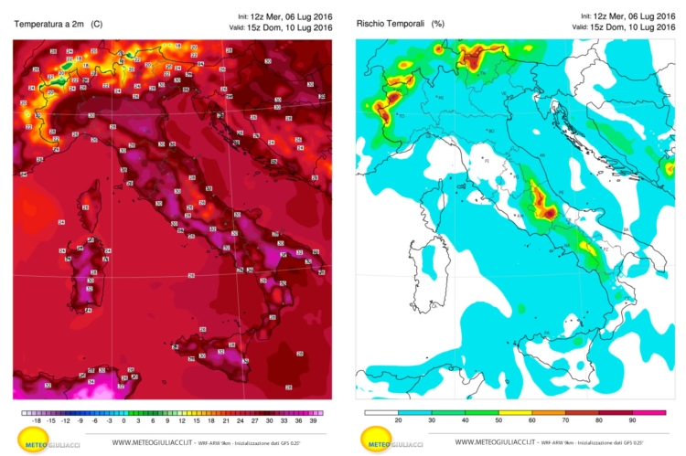 Temperature (destra) e rischio temporali (sinistra) previsti per domenica 10 luglio 