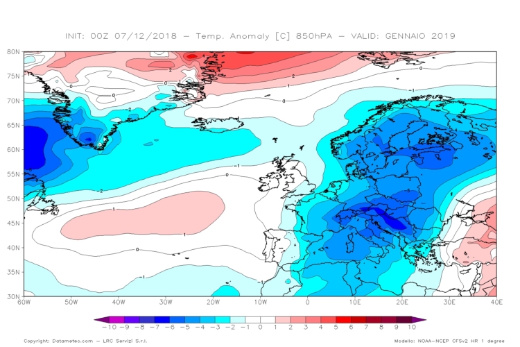 Anomalie termiche a 850hPa (1500 m) previsto dal modello climatologico CFS V2 con elaborazione DataMeteo per il mese di gennaio 2019
