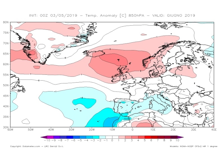 Anomalie termiche a 850hPa (1500 m) previste dal modello climatologico CFS V2 per il mese di giugno 2019