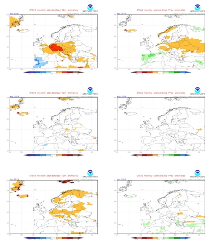 Anomalie termiche (a sinistra) e precipitative (a destra) per il periodo aprile, maggio, giugno 2018