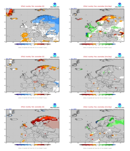 Anomalie termiche (a destra) e precipitative (a sinistra) per il trimestre novembre, dicembre e gennaio 2020