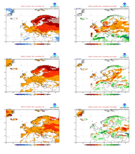 Anomalie termiche (a destra) e precipitative (a sinistra) per il periodo aprile, maggio e giugno 2017