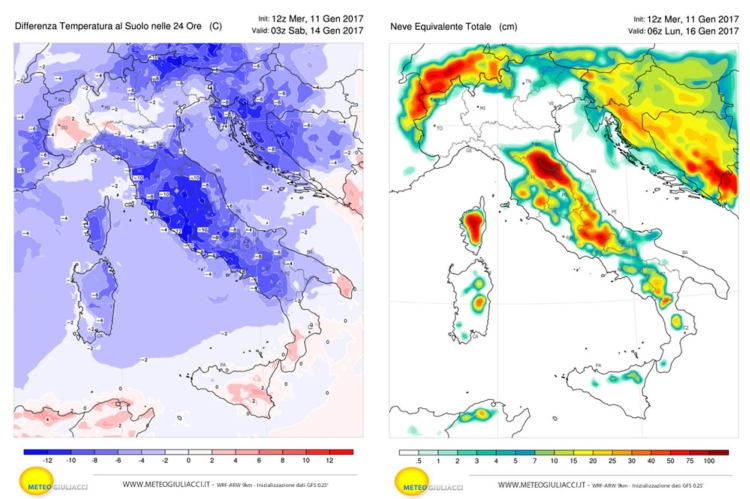 Mappa sul calo termico del weekend (a sinistra) e sulle nevicate previste (a destra)