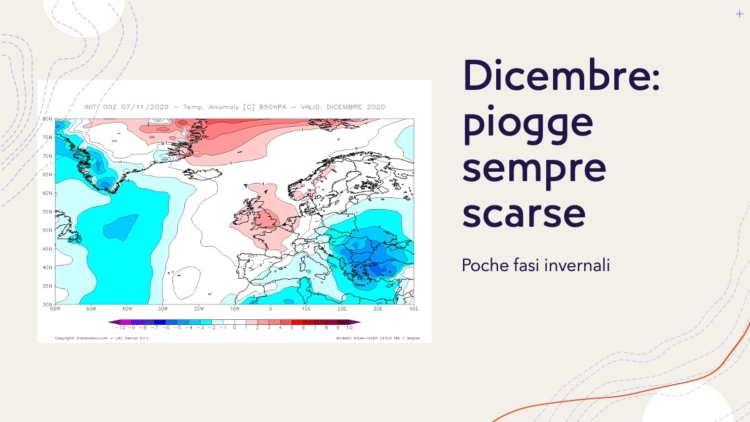 Carta delle anomalie termiche a 850hPa (1500 m) previsto dal modello climatologico CFS V2 con elaborazione Datameteo per il mese di dicembre 2020