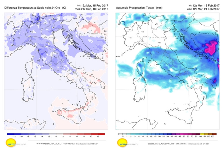 Il calo termico per il weekend (a sinistra) e le precipitazioni (a destra) previste dal modello WRF di meteogiuliacci