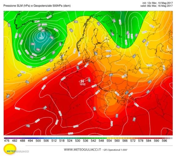 Elaborazione per i prossimi giorni: alta pressione ben distesa sull'Europa occidentale