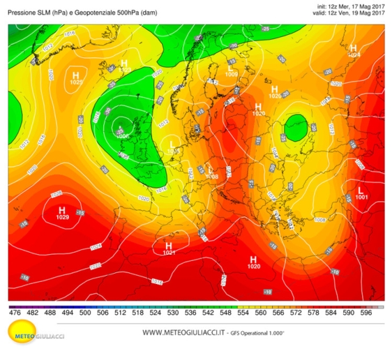 Configurazione barica per venerdì: la bassa pressione sul Regno Unito scenderà sul Mediterraneo