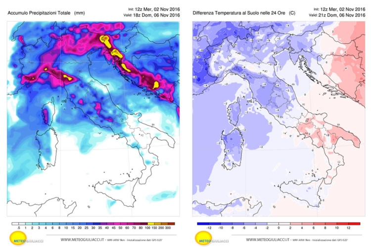 Modello previsionale MeteoGiualiacci.it - Mappa delle precipitazioni fino a domenica a sinistra, calo termico nel weekend a destra