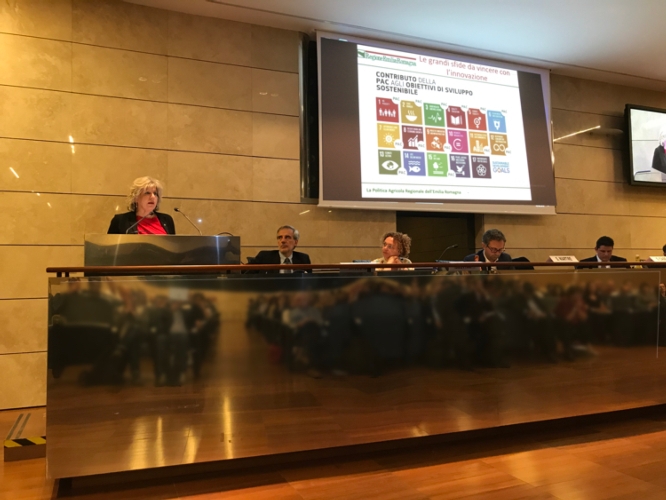 Un momento dell'incontro di presentazione del Report 2018, durante l'intervento della assessore regionale all'Agricoltura, Simona Caselli