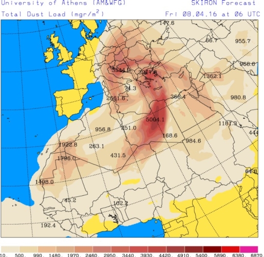 Il modello indica l'invasione di polveri sahariani sul territorio Europeo