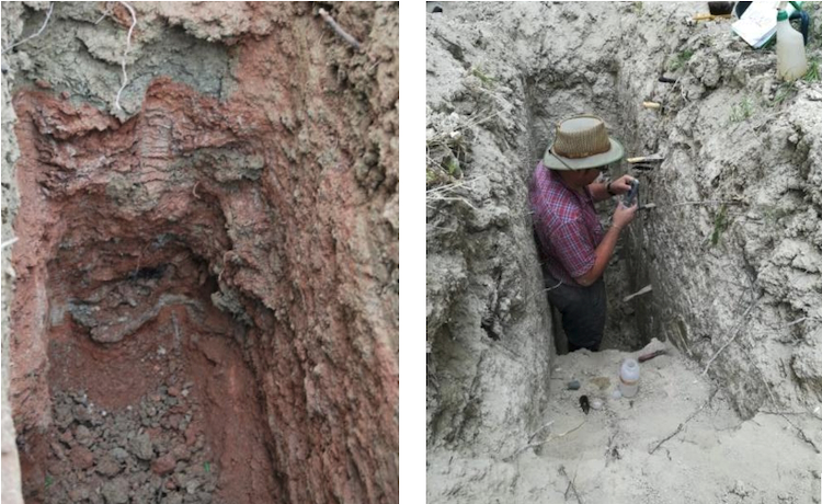A sinistra lo scavo di un profilo di suolo presso l’azienda Piaggi e a destra la raccolta di campioni di suolo in uno scavo presso l'azienda Ottina