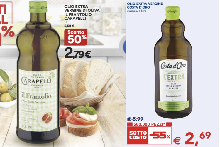 In molti volantini della Gdo è reclamizzato olio extravergine di oliva a meno di 3 euro al litro