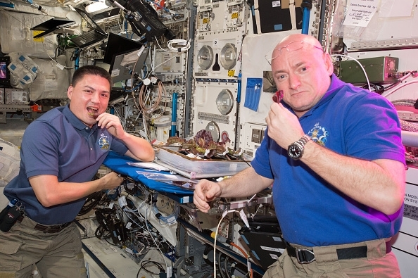 L'astronauta Scott Kelly mentre mangia una foglia di insalata romana cresciuta nello spazio