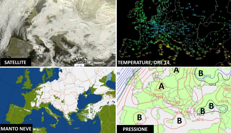 Situazione vista dal satellite in Europa: un vasto pozzo gelido caratterizza le aree orientali