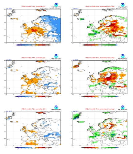 Anomalie termiche (a sinistra) e precipitative (a destra) per il periodo giugno, luglio e agosto 2017