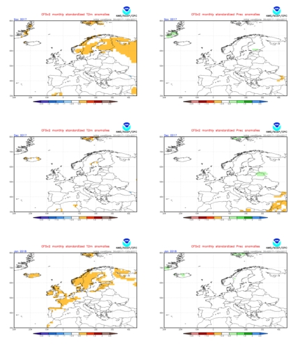 Anomalie termiche (a sinistra) e precipitative (a destra) per il periodo novembre, dicembre 2017 e gennaio 2018