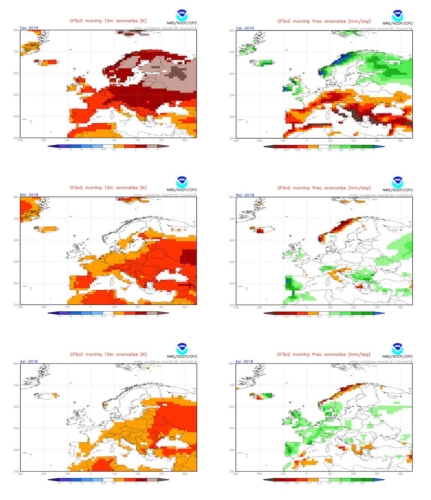 Anomalie termiche (a sinistra) e precipitative (a destra) per il periodo febbraio, marzo, aprile 2018
