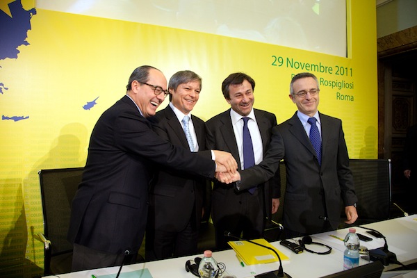 Da sinistra: Paolo De Castro, Dacian Ciolos, Sergio Marini e Mario Catania al Summit Coldiretti