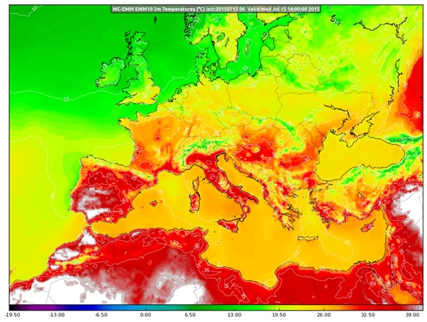 L'elaborazione mostra le temperature odierne: il colore viola dipinge le aree over 40