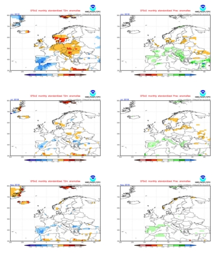 Anomalie termiche (a sinistra) e precipitative (a destra) per il periodo giugno, luglio e agosto 2018