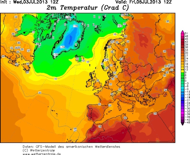 Temperature attuali sull'Europa. Da notare il caldo intenso sulla Penisola Iberica